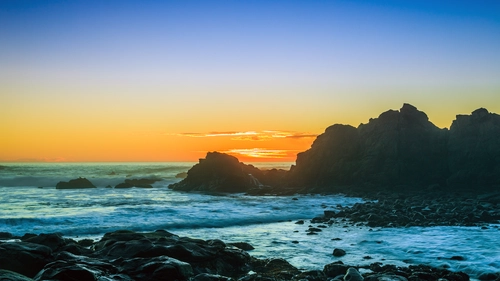 скалы, волны, океан, закат, оранжевые, синие