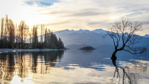 озеро, горы, отражение, деревья, зима, желтые, синие, белые