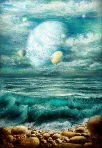 море, планеты, камни, небо, голубые, зелёные, коричневые