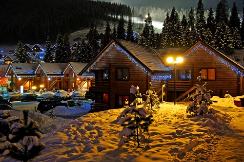 дом, гирлянда, снег, темные, коричневые, желтые