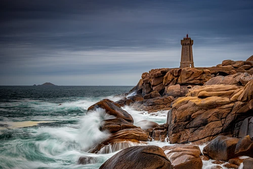 скала, море, берег, франция, маяк, коричневые, синие