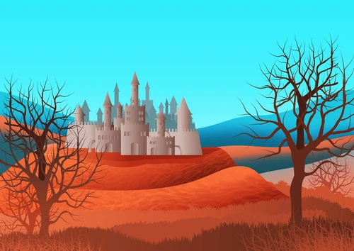 деревья, замок, рисунок, детские, голубые, оранжевые, бежевые