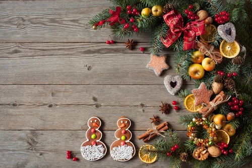 печенье, ель, ветвь, еда, коричневые, зеленые, красные