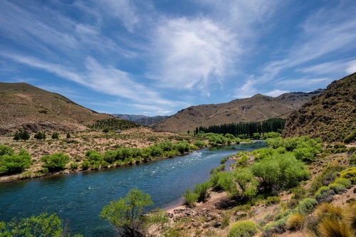 холмы, река, природа, аргентина, синие, зеленые, серые