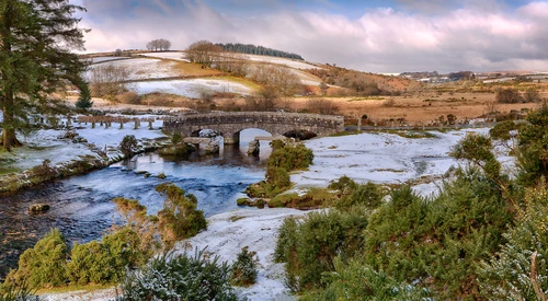 река, мост, природа, коричневые, синие, панорама
