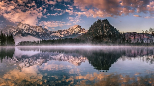 гора, туман, отражение, облака, белые, бежевые, зеленые, синие