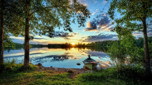 природа, небо, озеро, деревья, лодка, трава, облака, зелёные, голубые
