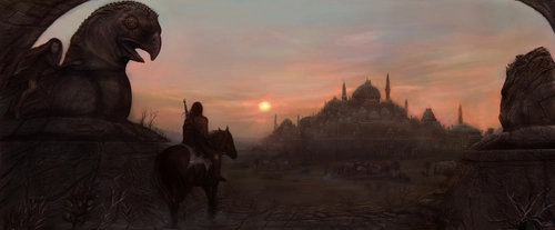 силуэт, закат, вечер, арт, фантастика, красные, серые, черные