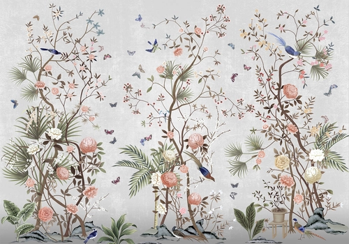 деревья, цветы, птицы, бабочки, коричневые, бежевые, зеленые, HD