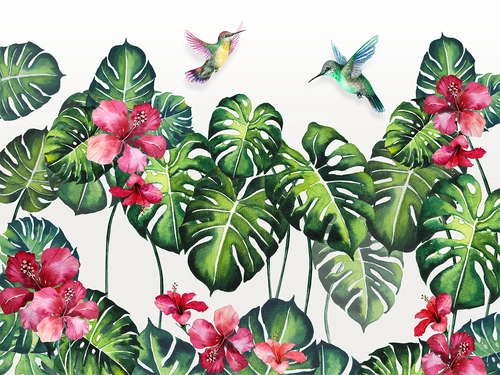 тропики, цветы, листья, растения, птицы, зелёные, красные