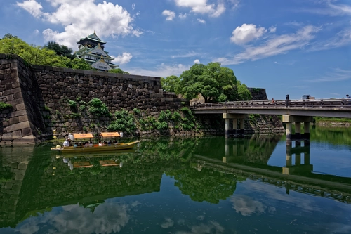 япония, город, река, архитектура, мост, серые, зеленые, синие