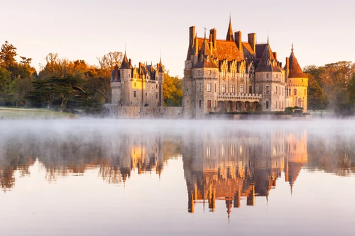 туман, озеро, франция, замок, белые, зеленые, серые