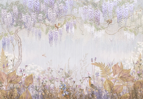 лес, цветы, деревья, кусты, птицы, синие, коричневые, белые, HD