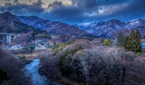 горы, река, япония, синие, природа, вечер