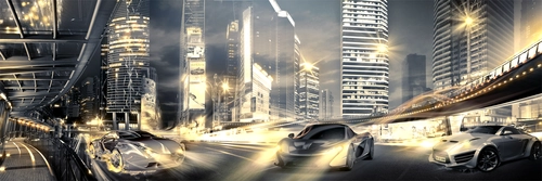 машины, город, дорога, мост, огни, серые, жёлтые, золотые