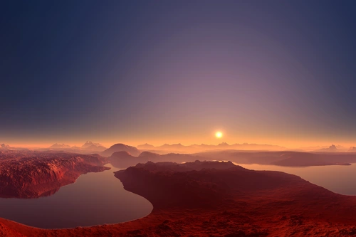 небо, солнце, закат, река, долина, синие, красные