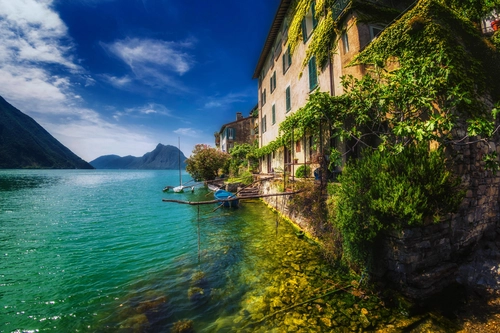 дом, озеро, природа, вода, берег, горы, швейцария, синие, зеленые, бежевые