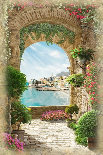 арка, город, берег, море, река, вода, зелень, цветы, кашпо, зеленые, бежевые, голубые