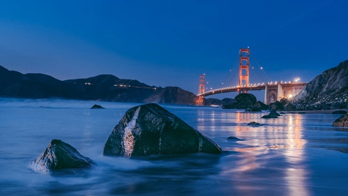 мост, вода, туман, небо, вечер, огни, синие, голубые