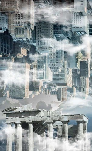 город, дома, небоскрёбы, облака, графика, колонны, серые, белые