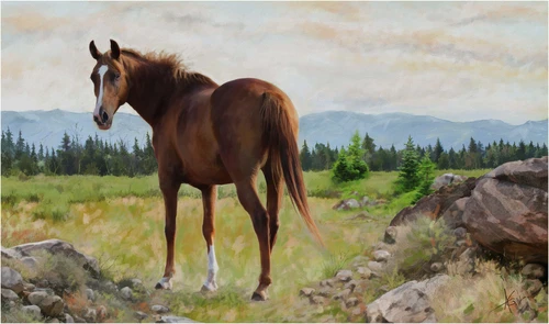 лошадь, поле, лес, природа, зеленые, белые, коричневые, картина