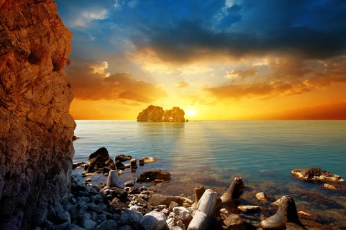 камни, скалы, закат, океан, желтые, коричневые, синие