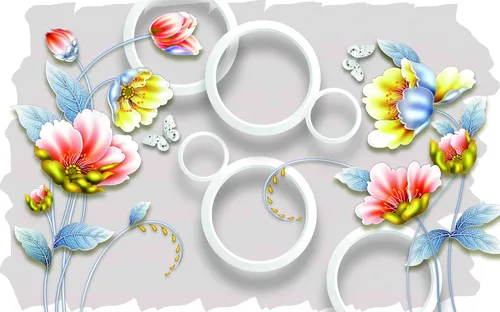 цветы, бабочки, круги, серые, белые