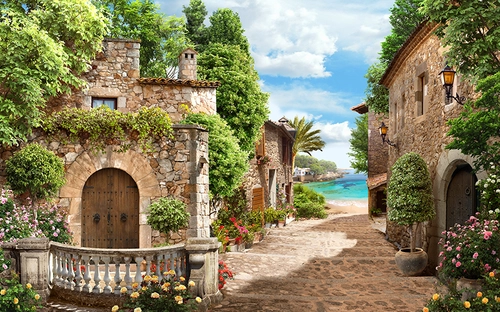 улица, улочка, дом, дома, город, море, вода, река, бежевые, голубые