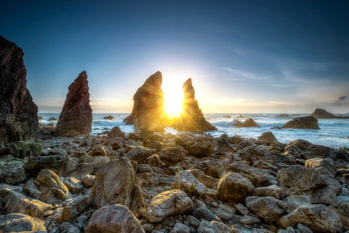 небо, солнце, скалы, камни, море, голубые, коричневые