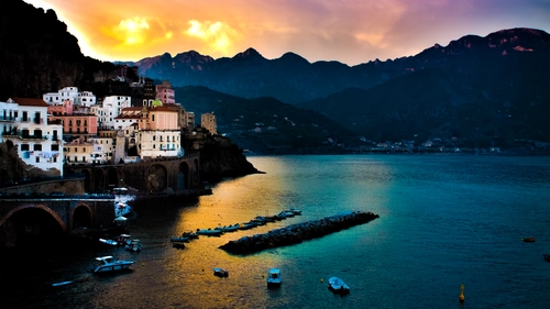 город, берег, остров, море, оранжевые, синие