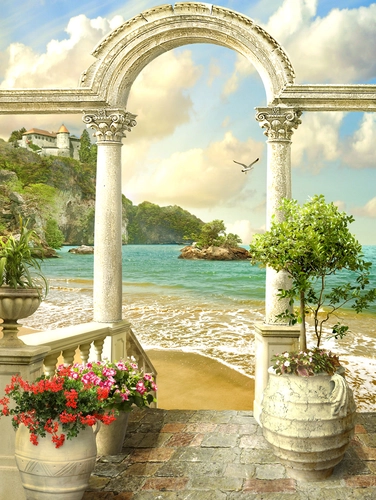 арка, колонны, море, остров, деревья, цветы, берег, белые, зелёные, голубые
