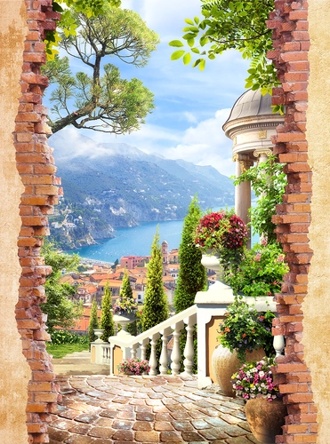 стена, кирпич, лестница, город, море, горы, небо, деревья, голубые, зелёные, коричневые