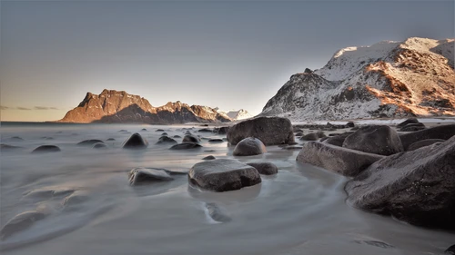 небо, горы, море, камни, снег, серые, коричневые, белые