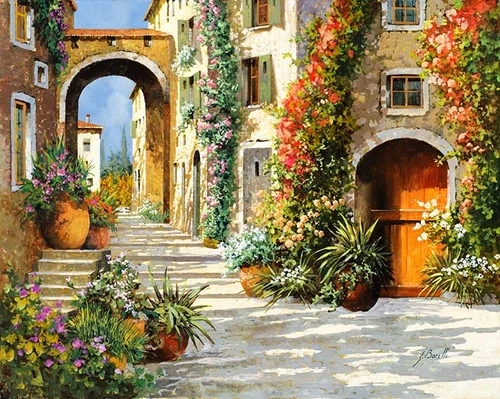 арка, город, дом, дома, окна, окно, цветы, кашпо, растения, растительность, бежевые, оранжевые, зеленые