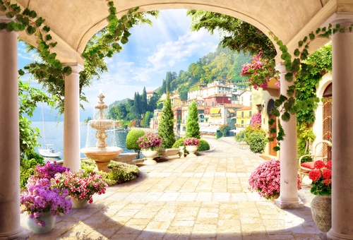 набережная, арка, море, дома, цветы, колонны, фонтан, бежевые, голубые, зелёные