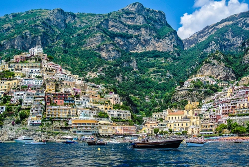 горы, скалы, город, озеро, синие, коричневые, желтые