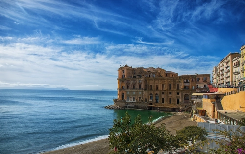 море, город, здание, синие, небо, голубые, коричневые, италия