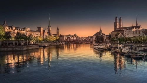 река, город, панорама, архитектура, вечер, желтые, синие, черные