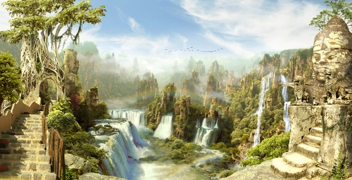 холмы, горы, лестница, арка, голубые, коричневые, зеленые, HD