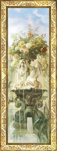 узор, орнамент, вензеля, бежевые, желтые, голубые, цветы, кашпо, ваза, фонтан