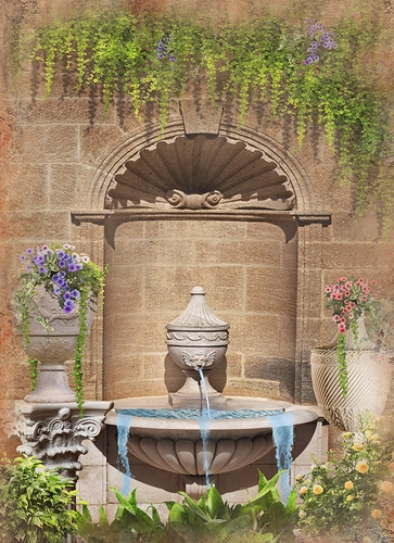 фонтан, цветы, растительность, бежевые, зеленые