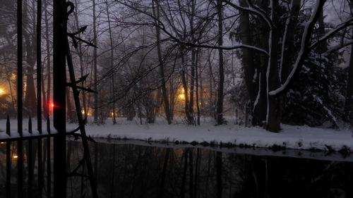 ночь, река, зима, снег, черные, серые