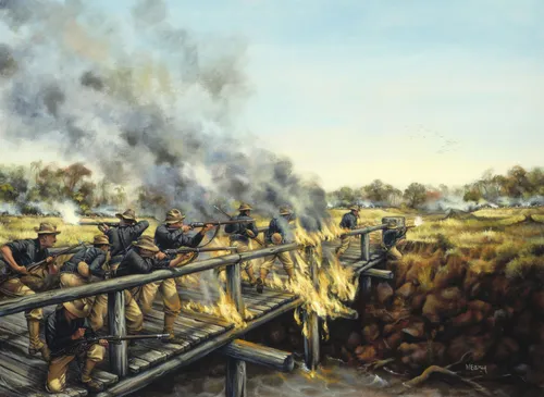 мост, сражение, солдаты, война, картина, живопись, зеленые, серые, черные, коричневые