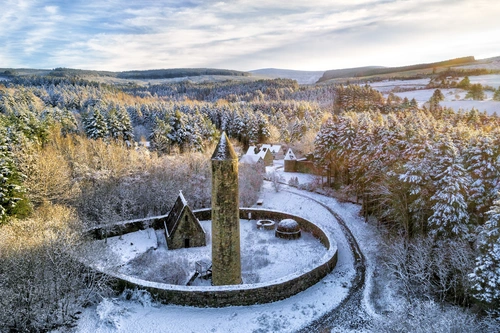 башня, лес, деревья, зима, снег, белые, коричневые