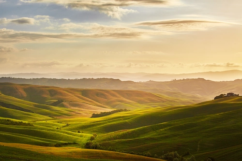 долина, облака, поле, зеленые, голубые, серые