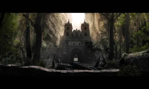 лес, деревья, замок, природа, фантастика, рисованные