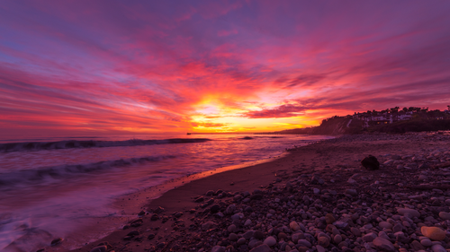 закат, красные, солнце, пляж, песок, волны