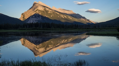 облака, гора, природа, отражение, синие, зеленые