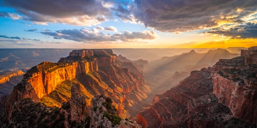 горизонт, каньон, природа, облака, рассвет, желтые, коричневые, серые