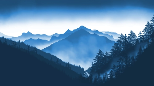небо, горы, лес, деревья, река, синие, чёрные